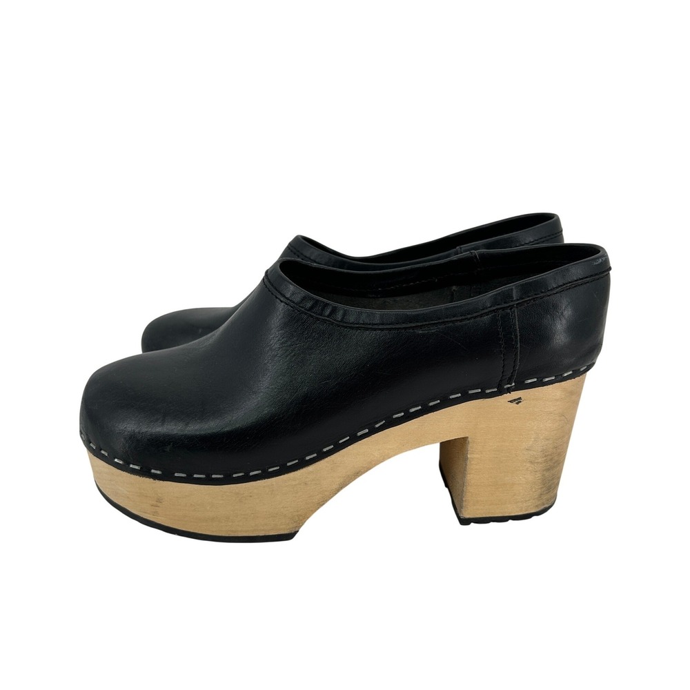 Swedish Hasbeens Clogs Womens 37 Size 7 Black Leather Wooden Platforms